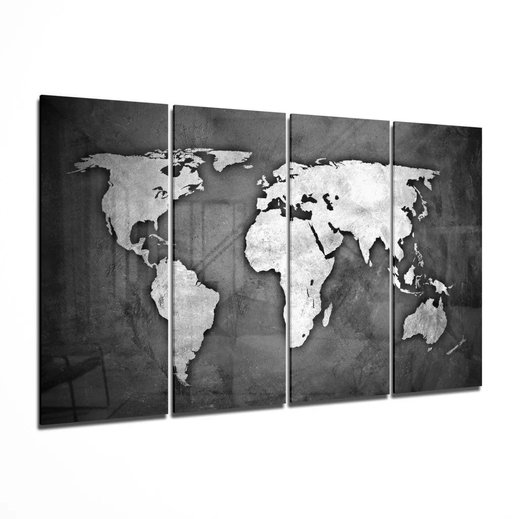4-panel black and white world map glass wall art set
