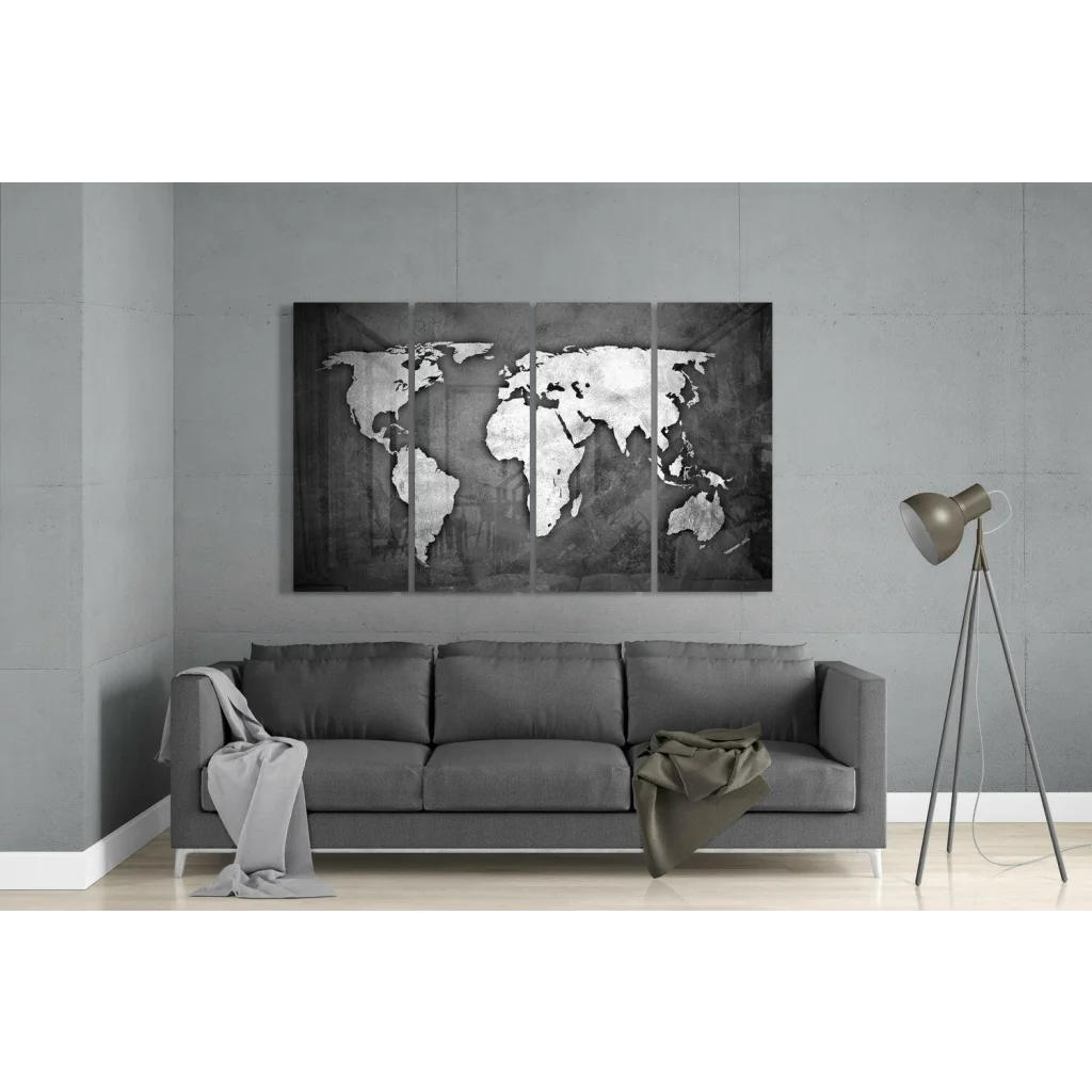 Sleek modern black and white world map wall art 4 panel set