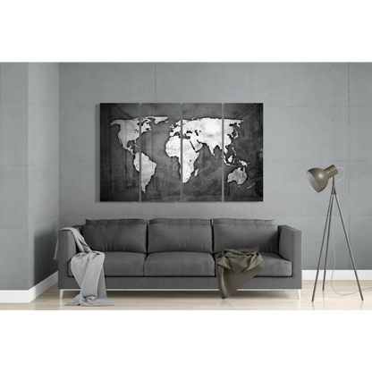 Sleek modern black and white world map wall art 4 panel set