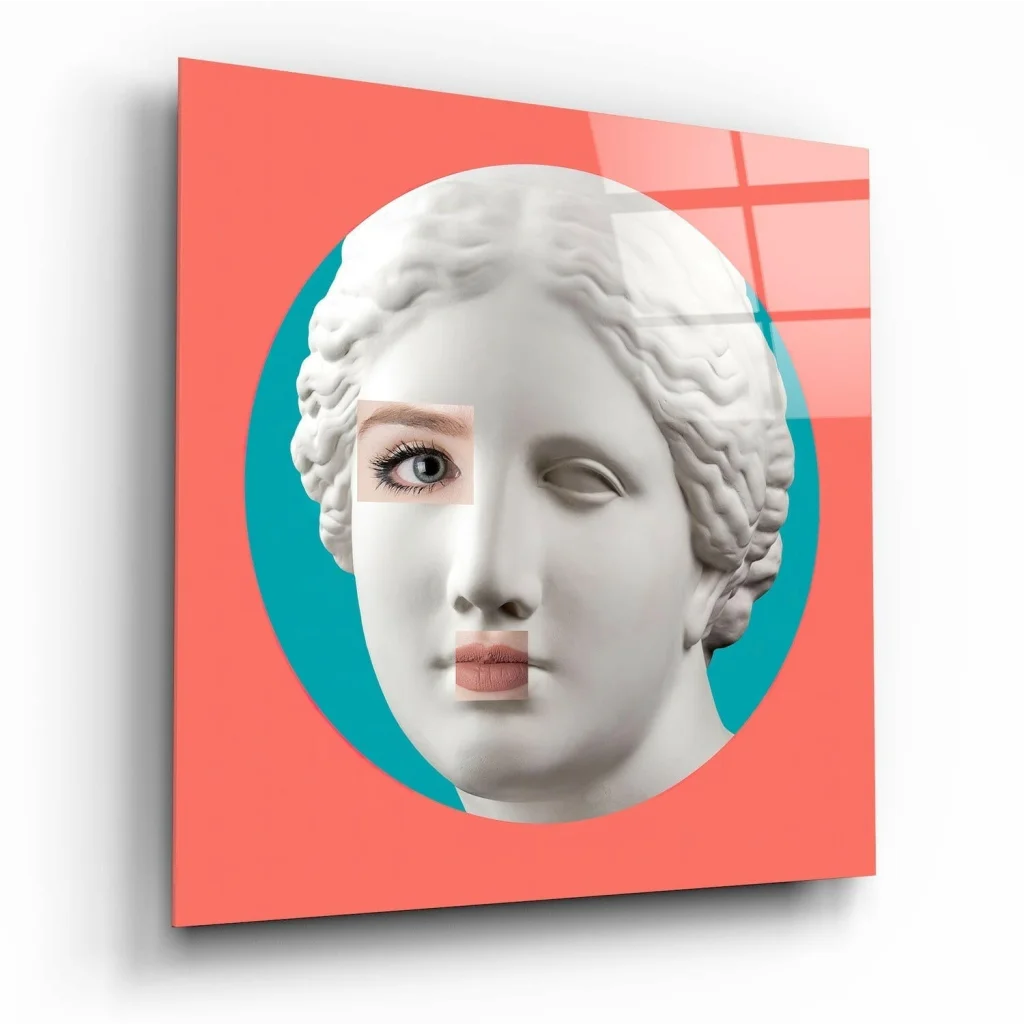 Modern marble bust glass wall art with coral teal accents