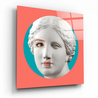 Modern marble bust glass wall art with coral teal accents