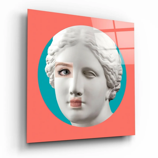 Modern marble bust glass wall art with coral teal accents