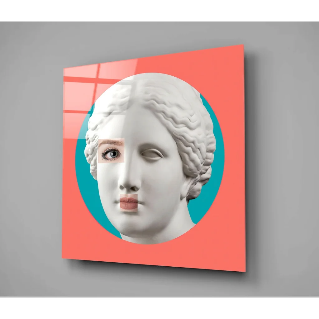 Modern glass wall art bust with marble female head, coral and teal accents
