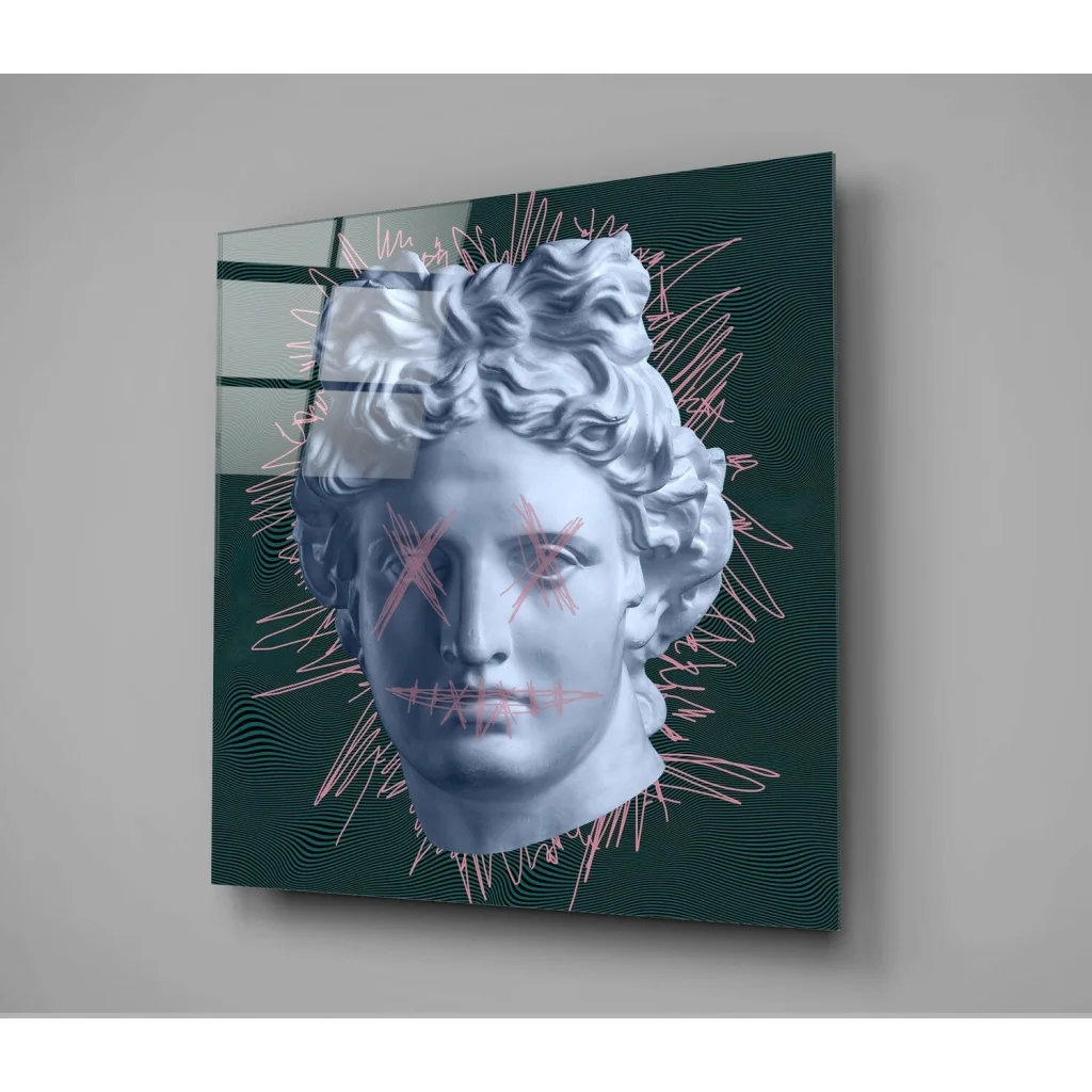 Modern marble bust glass wall art with pink scribbles over eyes and mouth