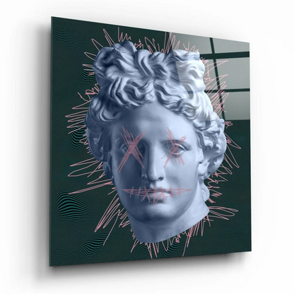 Modern marble bust glass wall art with pink abstract details