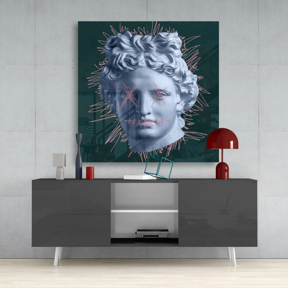 Teal glass wall art of marble bust with pink scribbles