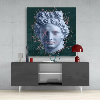 Teal glass wall art of marble bust with pink scribbles