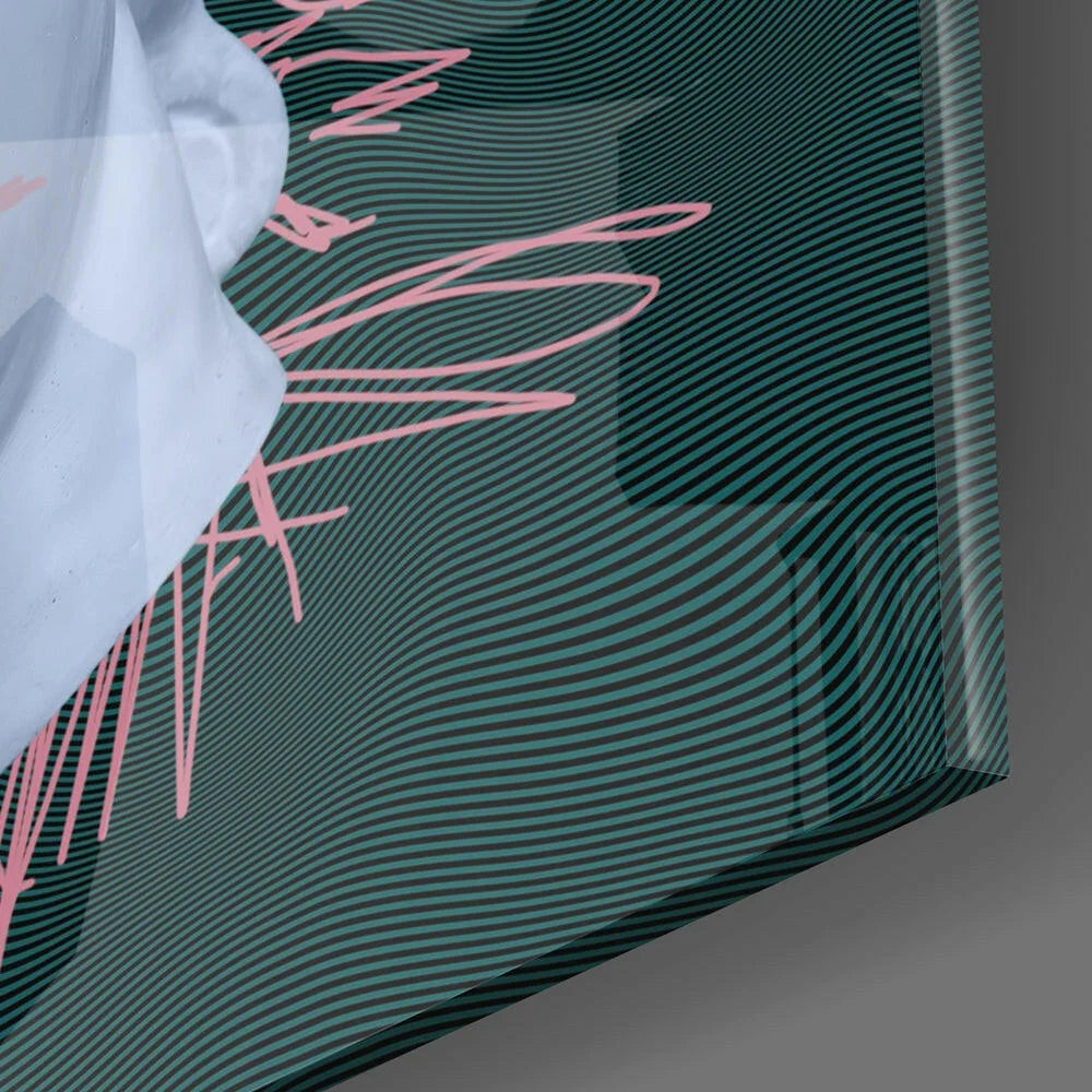 Sleek glass wall art with teal background, pink cursive, black waves