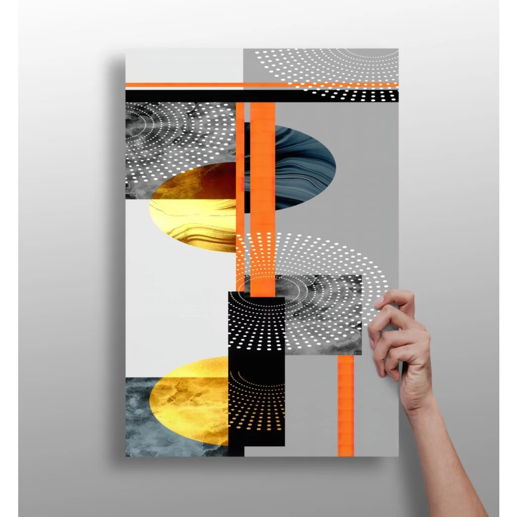 Modern orange and black geometric abstract aluminum print on canvas
