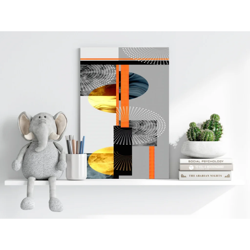 Gray elephant plush toy with orange accents on shelf