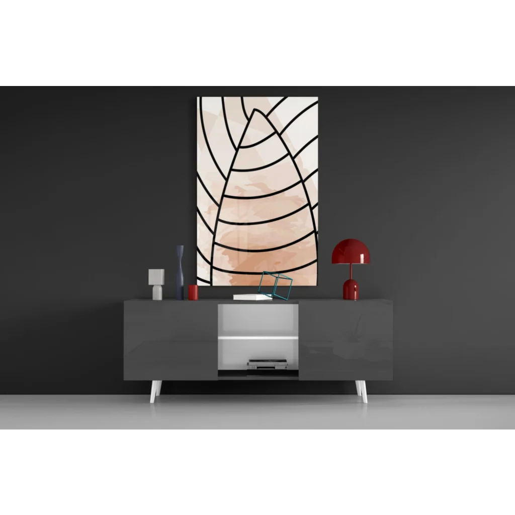 Modern gray sideboard with white legs under rose gold wall art print