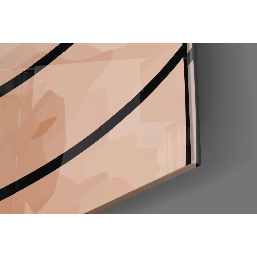 Sleek peach glass wall art with rose gold curves and black lines