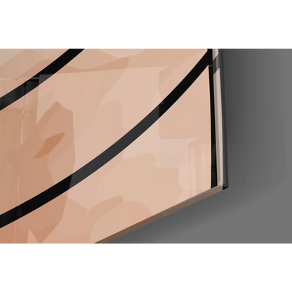 Sleek peach glass wall art with rose gold curves and black lines