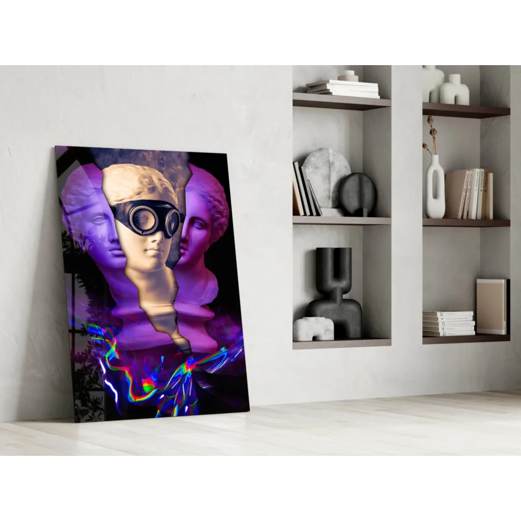 Vibrant glass wall art of classical bust with futuristic goggles and neon effects