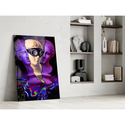 Vibrant glass wall art of classical bust with futuristic goggles and neon effects