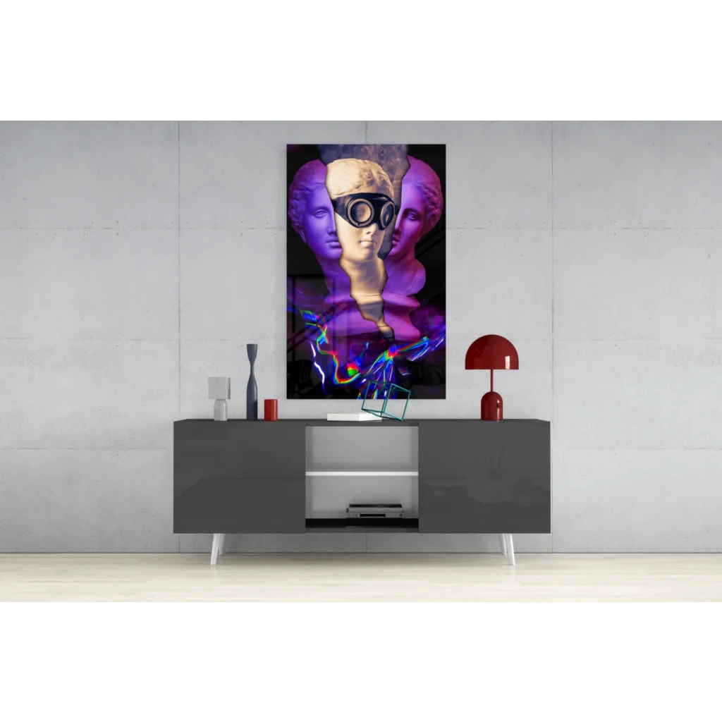 Vibrant glass wall art of purple gold busts with neon goggles