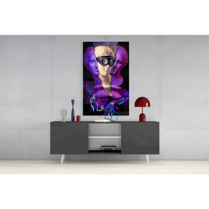 Vibrant glass wall art of purple gold busts with neon goggles
