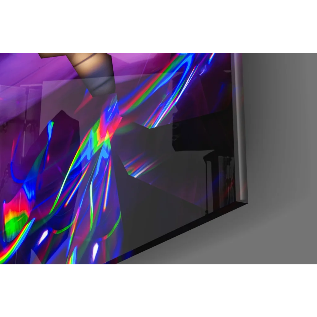 Sleek glass wall art TV with thin silver frame and vibrant abstract lights