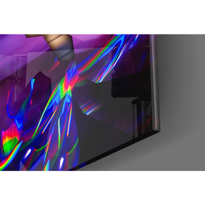 Sleek glass wall art TV with thin silver frame and vibrant abstract lights