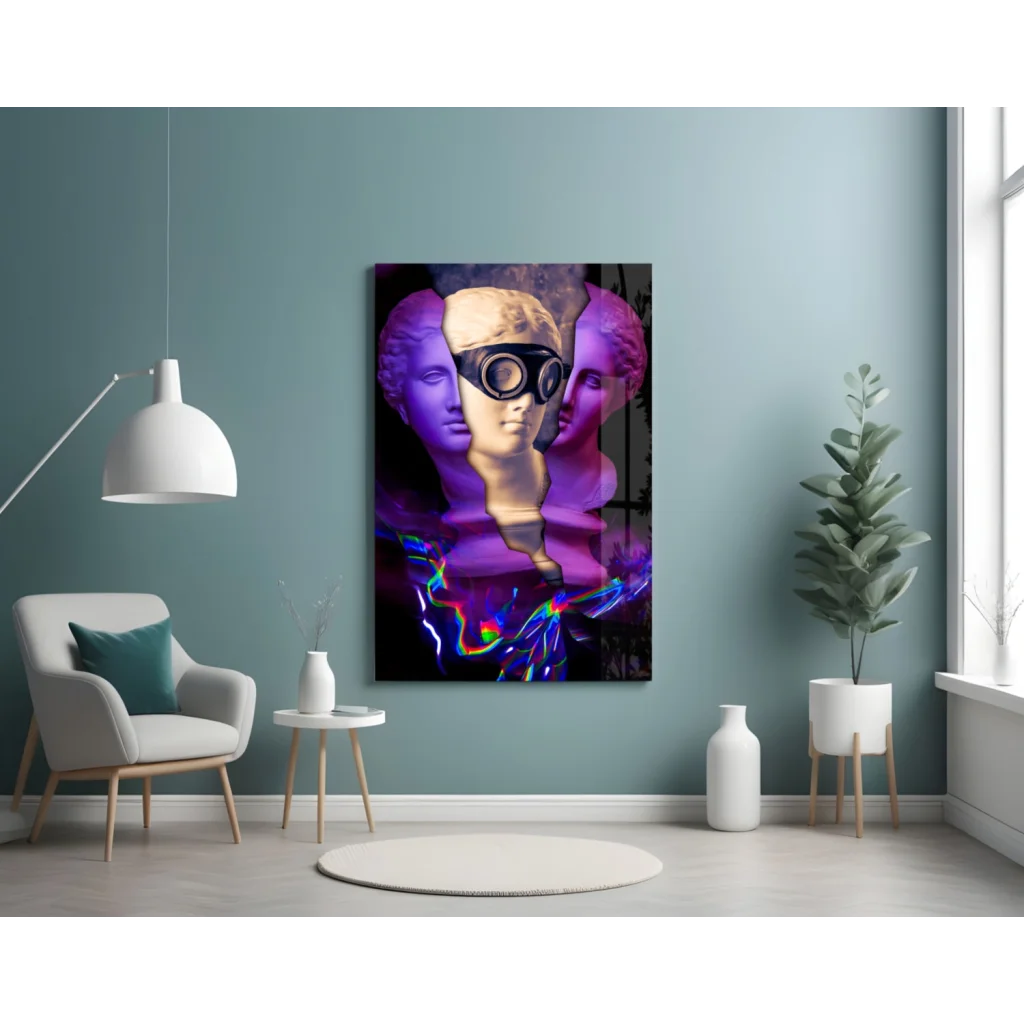 Vibrant glass wall art of classical bust in futuristic goggles with rainbow energy