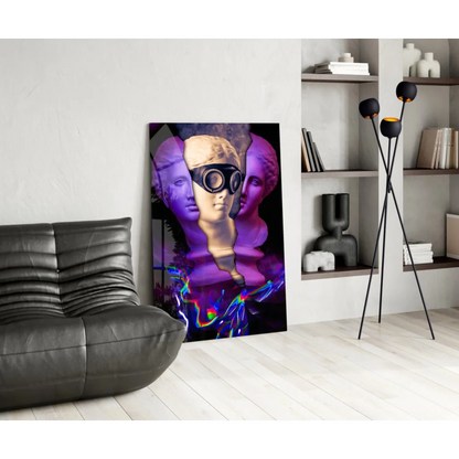 Vibrant purple neon glass wall art with surreal bust and mirrored faces