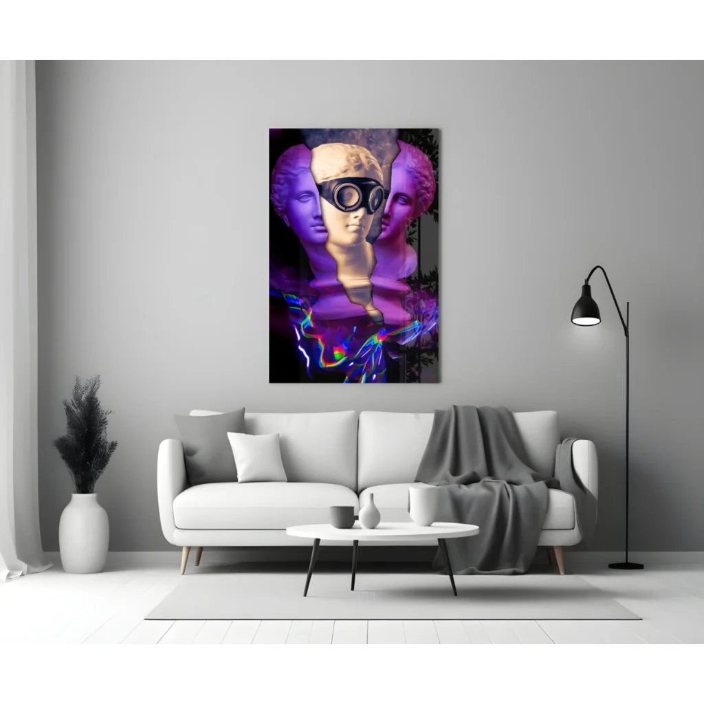 Vibrant glass wall art of abstract purple-blue faces with goggled figure above sofa