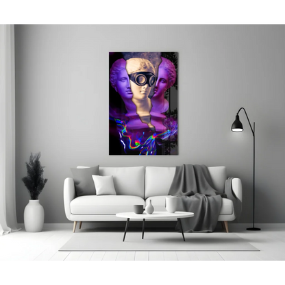 Vibrant glass wall art of abstract purple-blue faces with goggled figure above sofa
