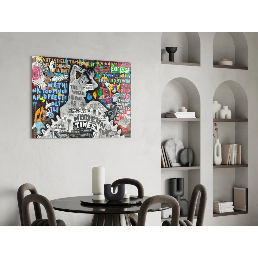 Vibrant graffiti canvas print with modern times text for bold wall art lovers