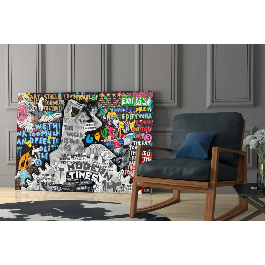 Vibrant graffiti canvas print with bold central figure for wall art lovers