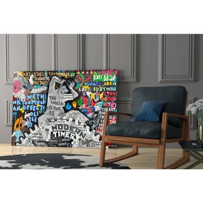 Vibrant graffiti canvas print with bold central figure for wall art lovers