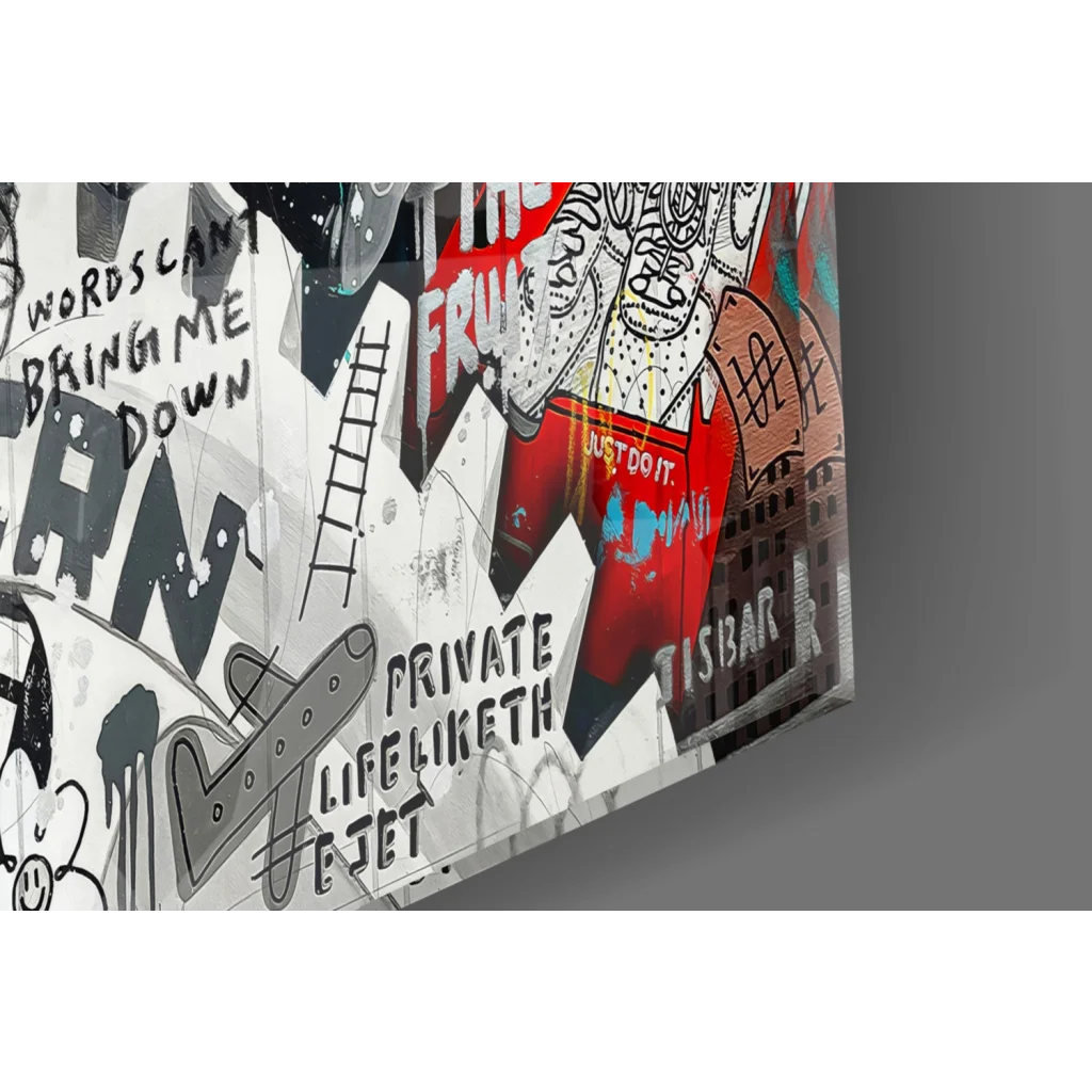 Vibrant graffiti canvas print with bold red sneakers and motivational phrases for wall art lovers