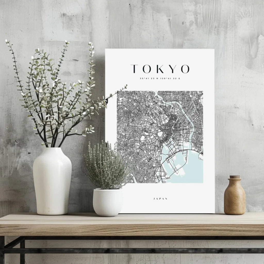 White ceramic vase with greenery on wooden base and Modern Tokyo Map print