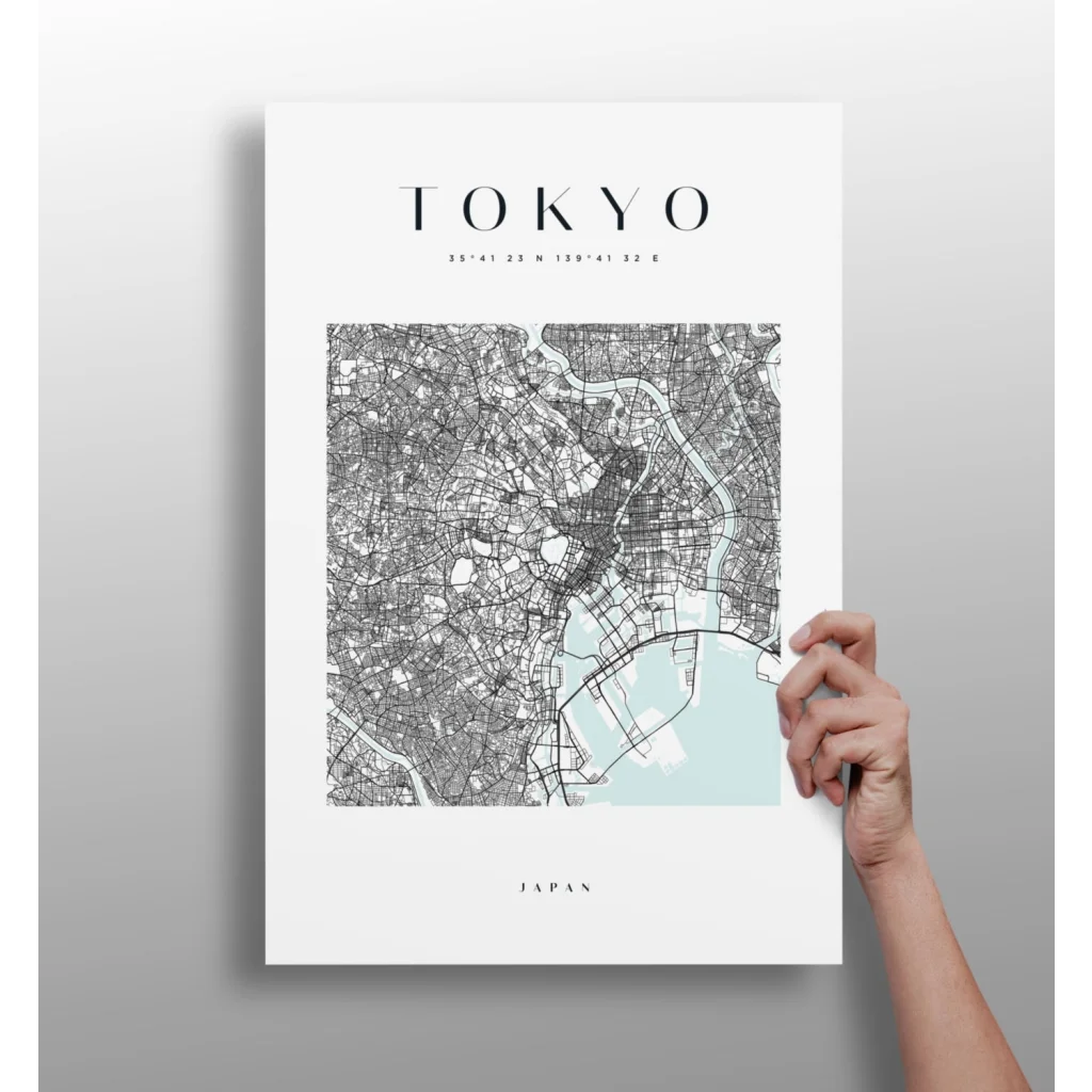 Modern Tokyo map aluminum print on watercolor blue background
