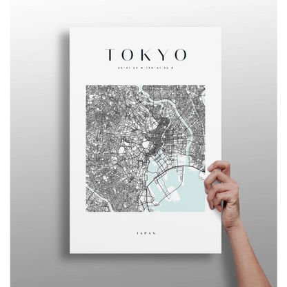 Modern Tokyo map aluminum print on watercolor blue background