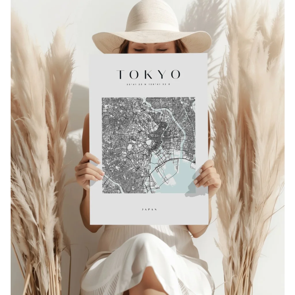 Modern watercolor blue Tokyo map on aluminum print