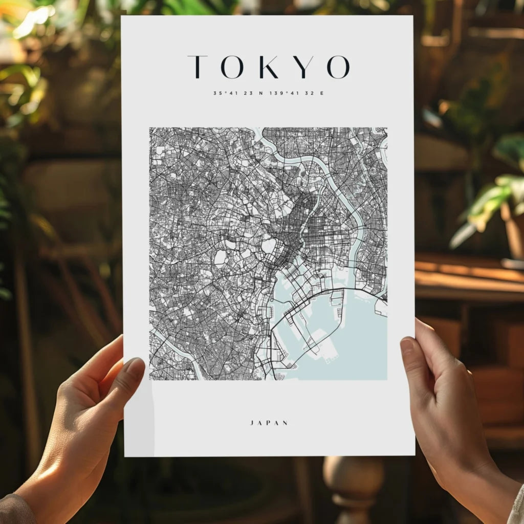 Modern Tokyo map aluminum print on blue watercolor background