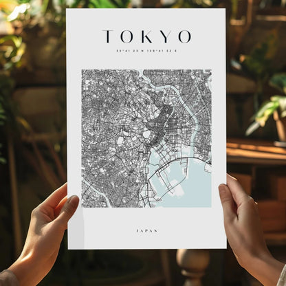 Modern Tokyo map aluminum print on blue watercolor background
