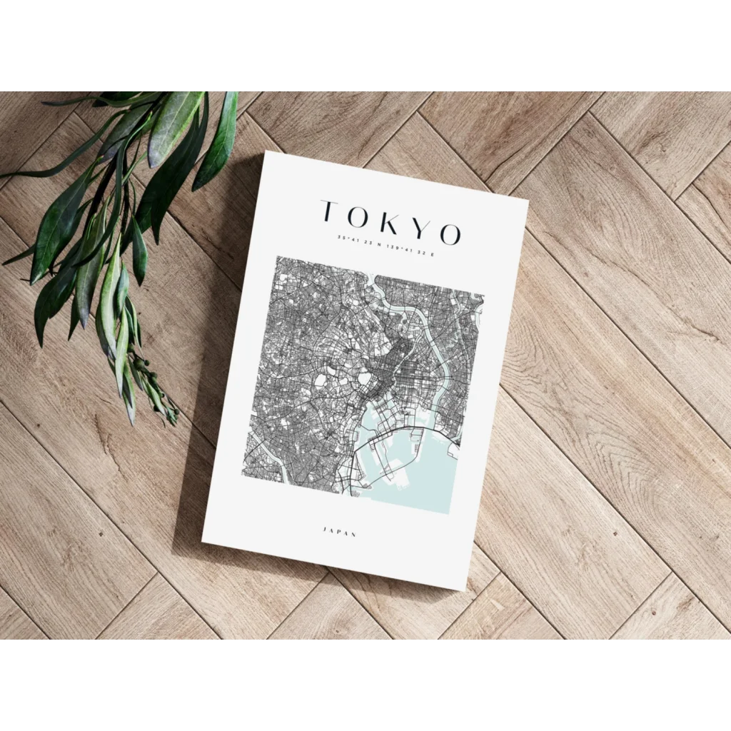 Modern Tokyo watercolor blue map aluminum print on wood