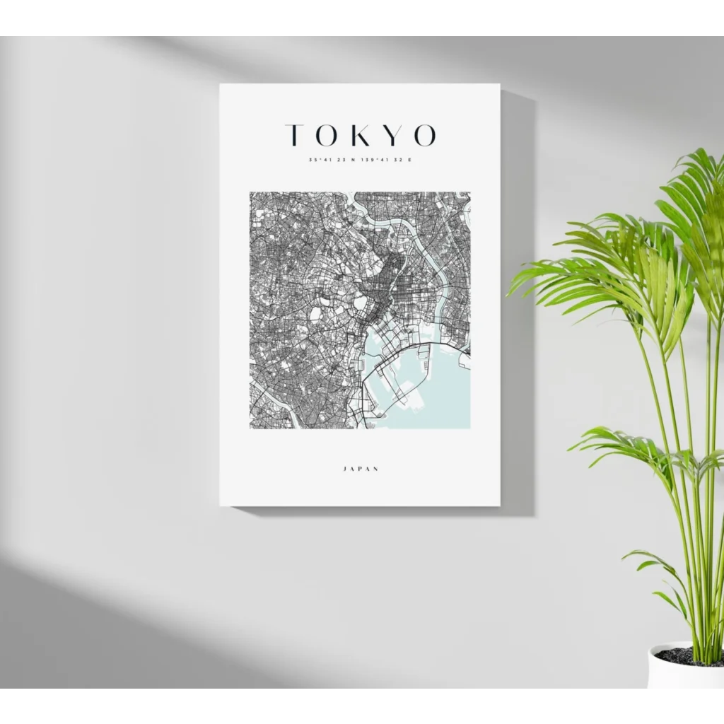 Modern Tokyo map aluminum print in white frame with watercolor blue tones