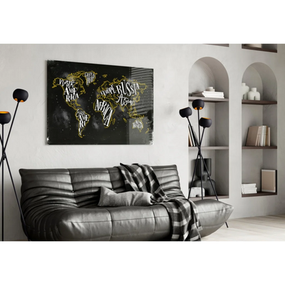 Black world map canvas wall art with gold traces and white lettering