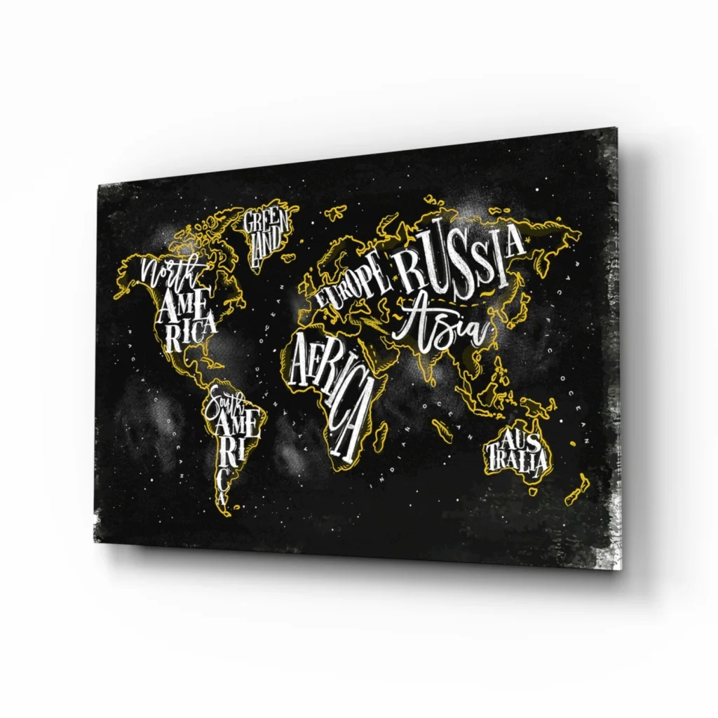 Gold traced world map canvas wall art with white lettering