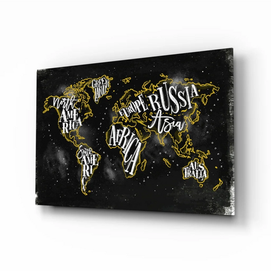 Gold traced world map canvas wall art with white lettering