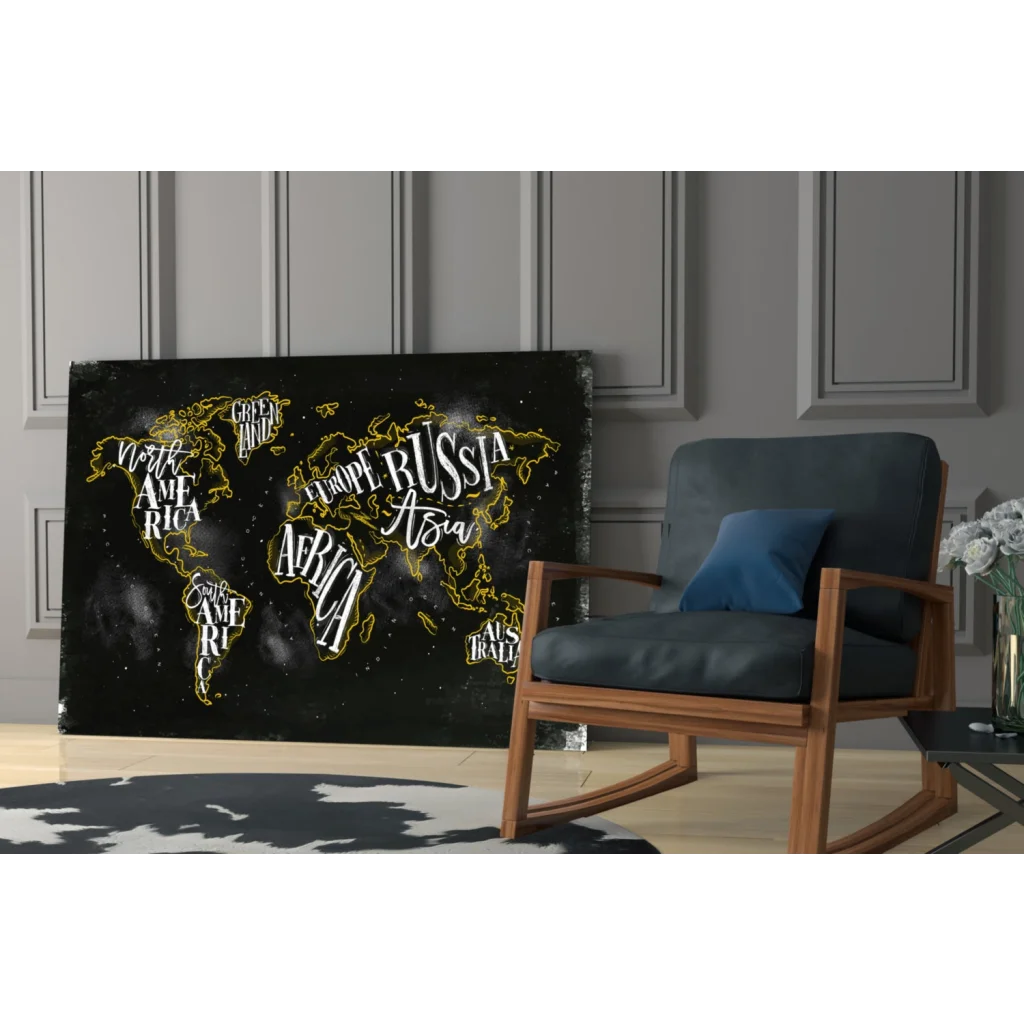 Gold traced world map canvas wall art with white lettering