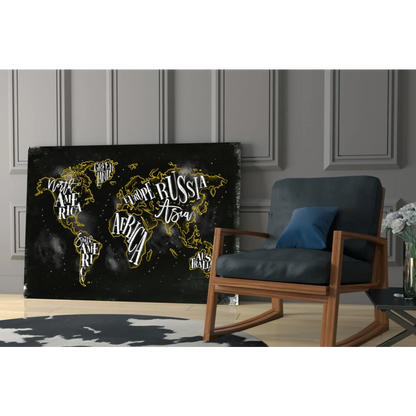 Gold traced world map canvas wall art with white lettering