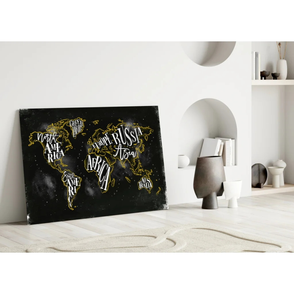 Gold traced world map canvas wall art with white lettering