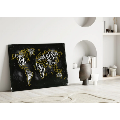Gold traced world map canvas wall art with white lettering