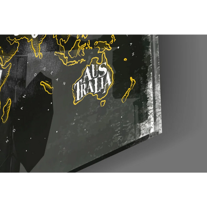 Stylized black yellow Australia map wall art with gold traced white lettering