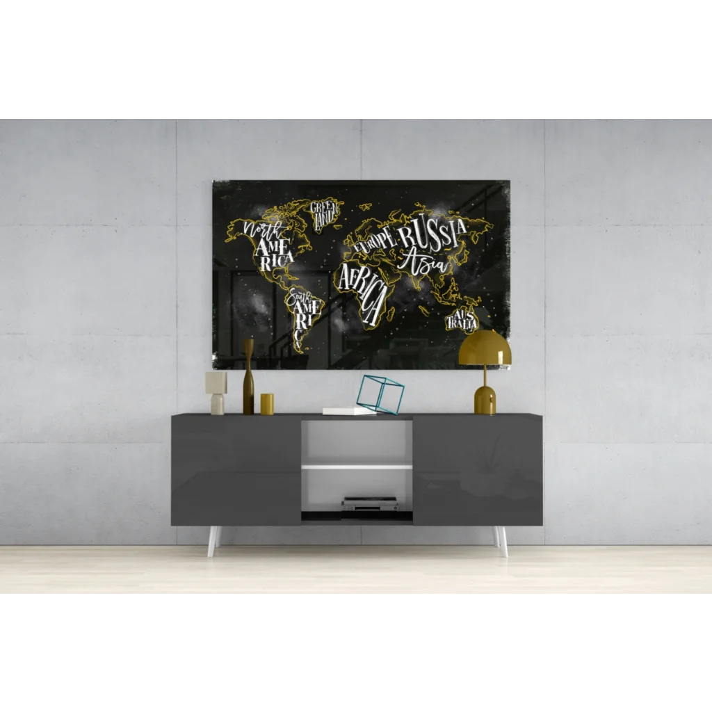 Gold traced black world map canvas wall art with white lettering