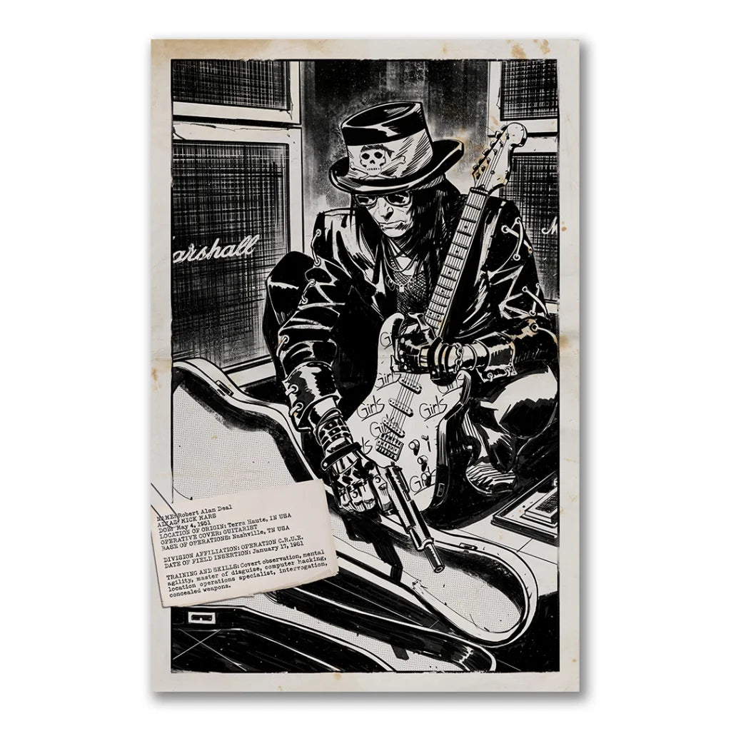 Black and white comic book style illustration of a musician with guitar for Mötley Crüe