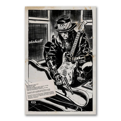 Black and white comic book style illustration of a musician with guitar for Mötley Crüe